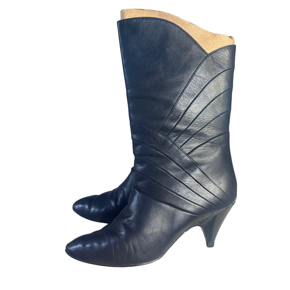 Gloria Vanderbilt VTG 5 Navy Blue Leather Pleated Kitten Heel Boot Pointed Toe - Picture 5 of 16